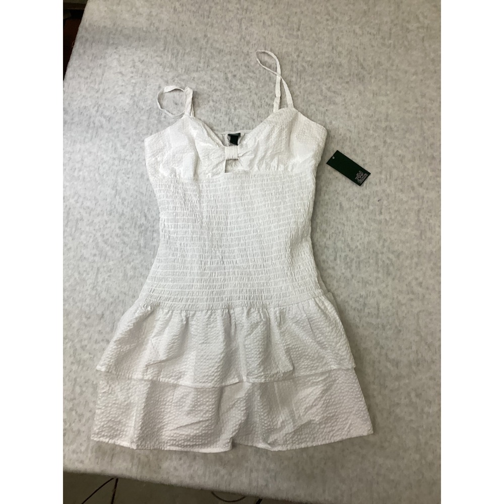 Wild Fable White Seersucker Smocked Mini Dress Bow Tiered Ruffle Medium NEW